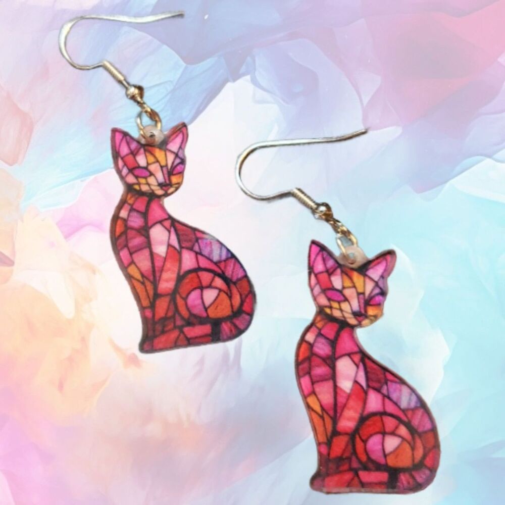 Pink Stained Glass CAT Earrings Dangle Acrylic